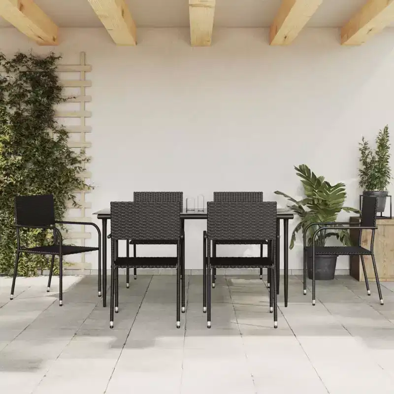 vidaXL Garden Dining Set Black PE Rattan, Powder-Coated Steel, Glass - 63 Table Length Black 6
