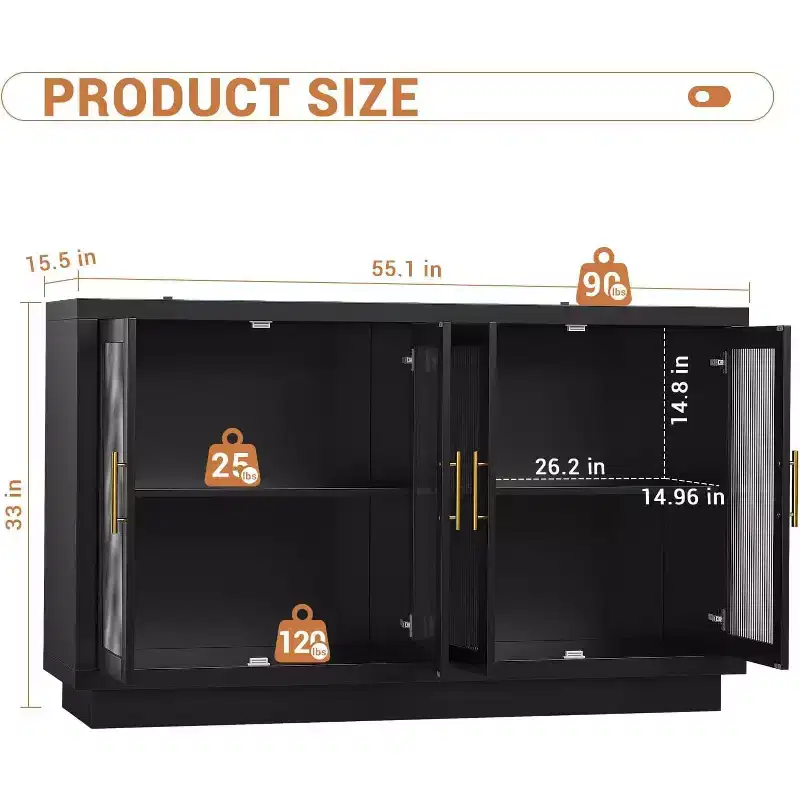 Buffet Cabinet with Storage, 55.1 Large Wood Cabinet with 4 Fluted Glass Doors, Black Modern Storage Cabinets for Living Room, Entryway, Kitchen