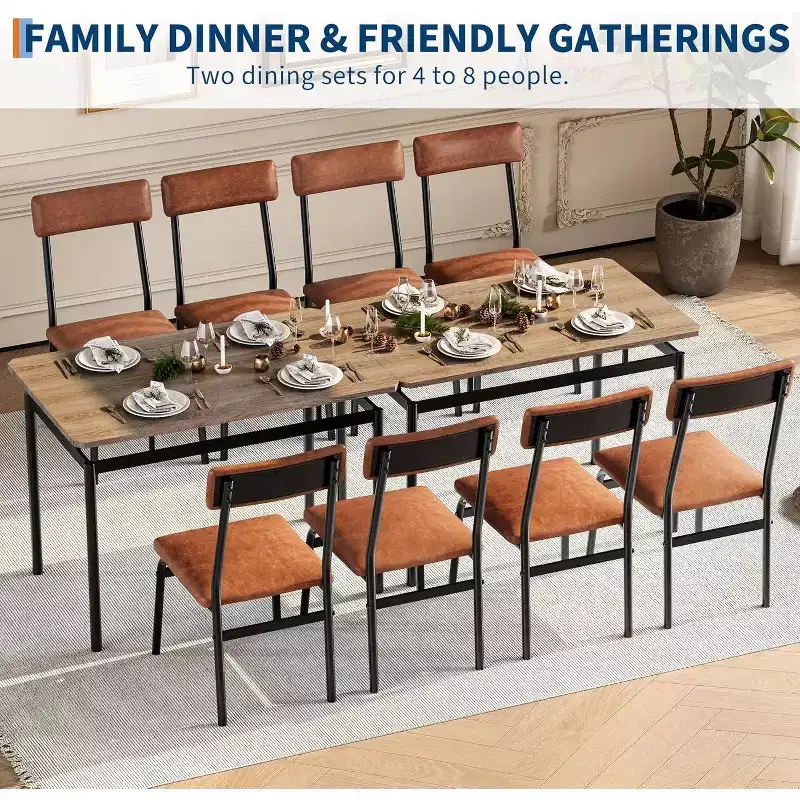 5 Piece Dining Table Set with Wooden Table & 4 PU Upholstered Chairs, Industrial Metal Frame, Compact Kitchen & Dining Room Set