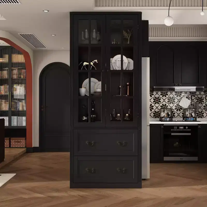 31.5'' W Glass Door Bookcase Display Cabinet with Drawers