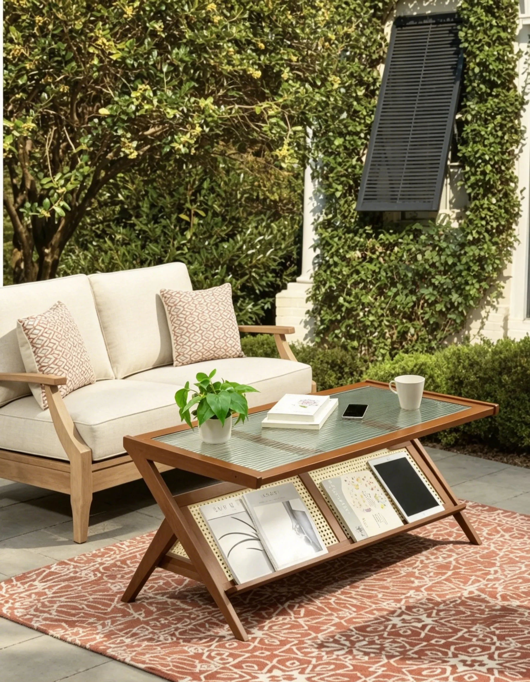 Mid-Century Modern 39.4 Wood Coffee Tables with Glass Top and Rattan Shelf