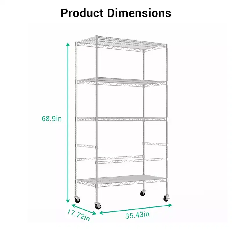 4 Tier Metal Storage Shelf withWheels, Heavy Duty Adjustable Storage Rack with Casters, Freestanding Wire Shelving Unit for Garage, Pantry, Silver
