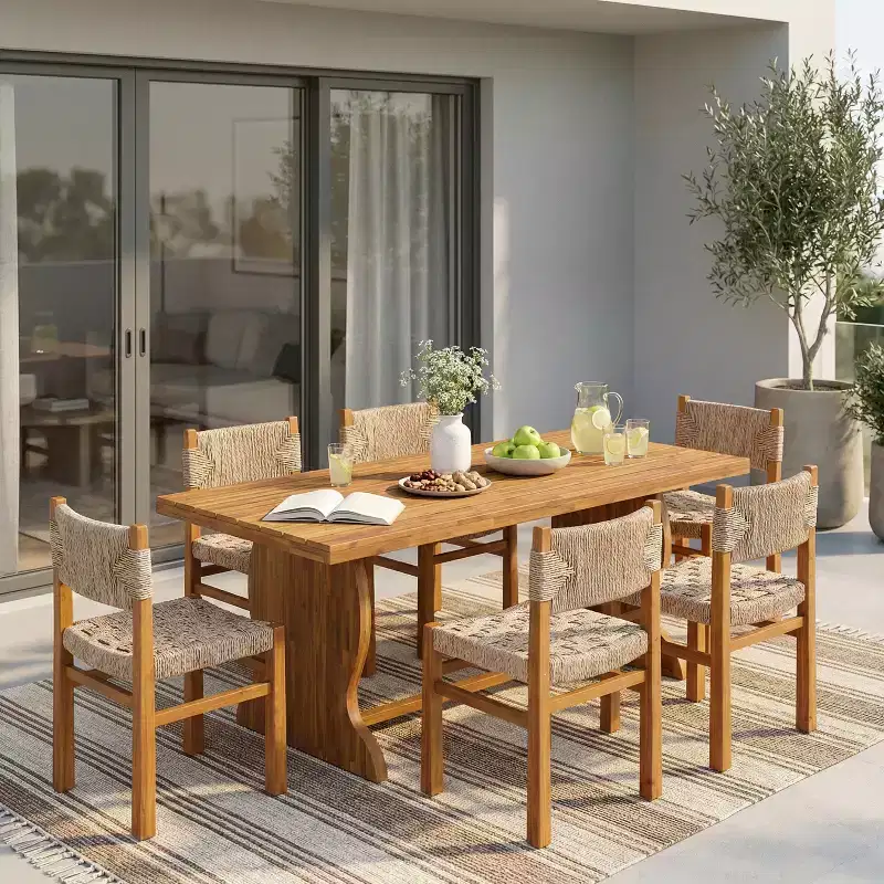 Christopher Knight Home Antonella Farmhouse 7 Piece Acacia Wood Dining Set with Wicker and Slatted Design