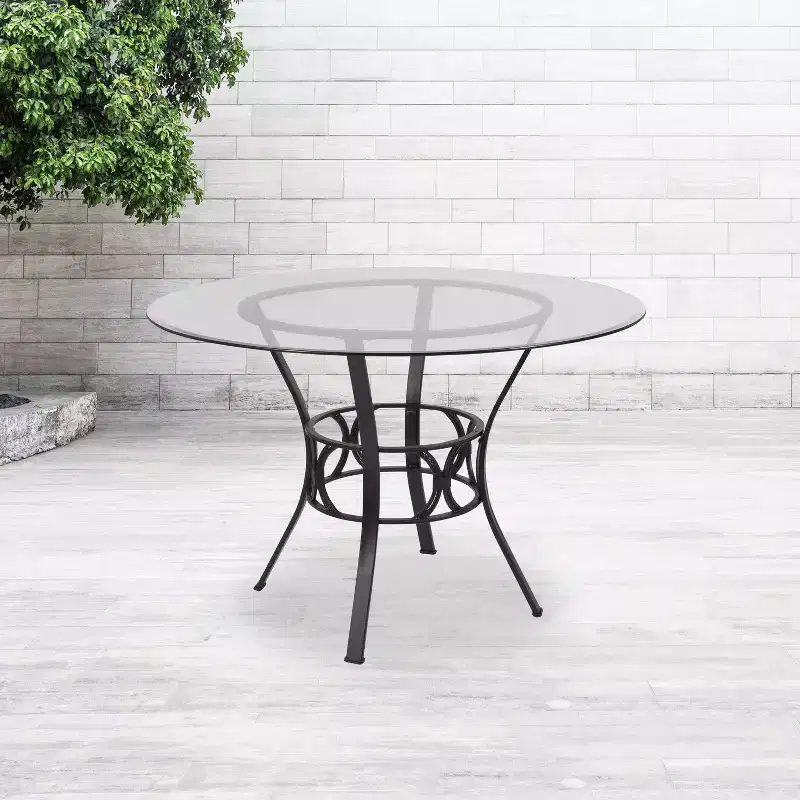 45-Inch Round Glass Dining Table, Black Metal Pedestal Base, Seats up to 5