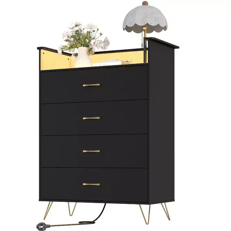 Smart 4-Drawer Wood Dresser with LED Lights & Charging Station | App-Controlled Storage Cabinet with USB/AC Outlets for Bedroom, Living Room