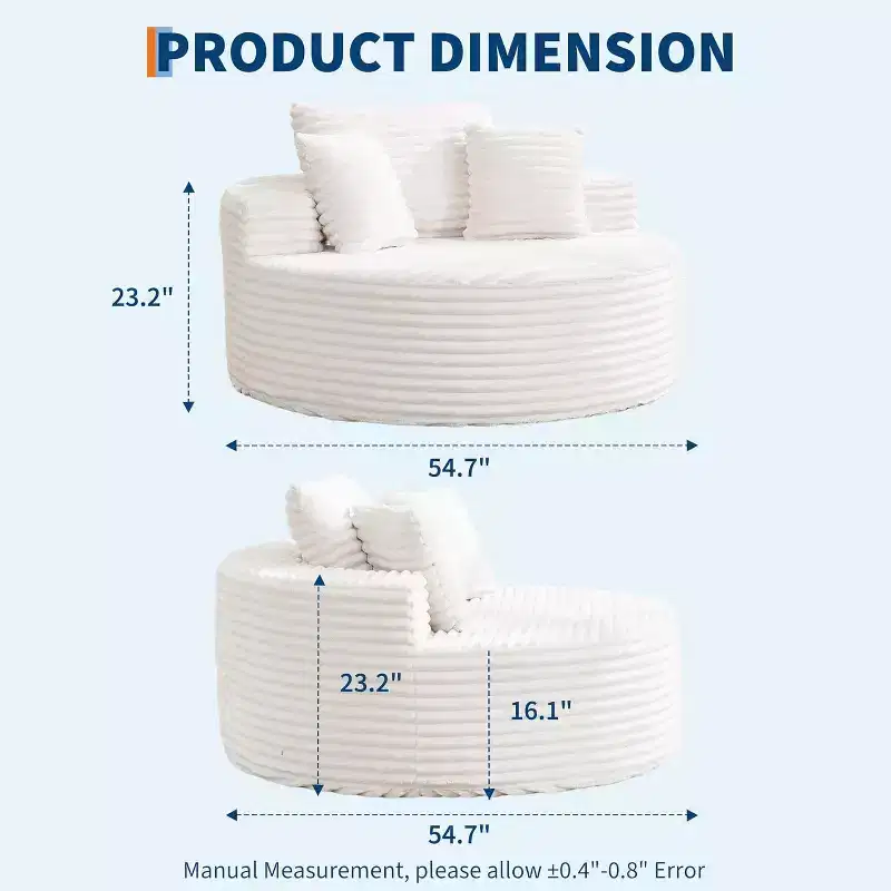 Round Chaise Lounge Chair, Indoor Oversized 55  55 Inch Modern Corduroy Boneless Cloud Couch Single Sofa with 4 Pillows Deep Seat for Home Office