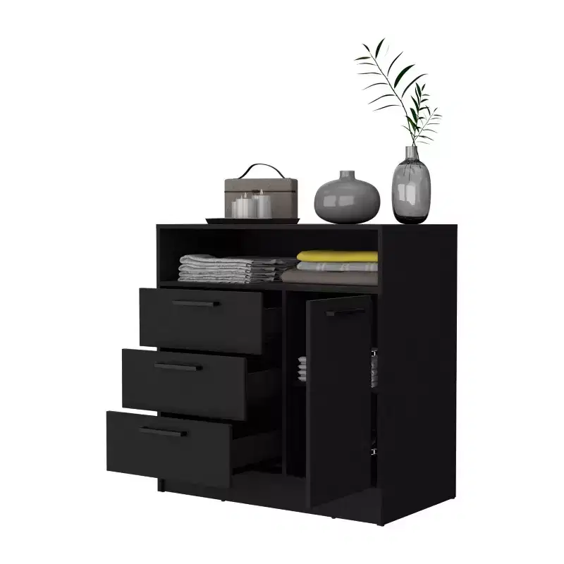 Okak 3-Drawer Dresser with 1 Door-Storage Cabinet&1 Shelf,Spacious Storage Dresser for Bedroom,Matte Black Finish Dresser,Metal Handle