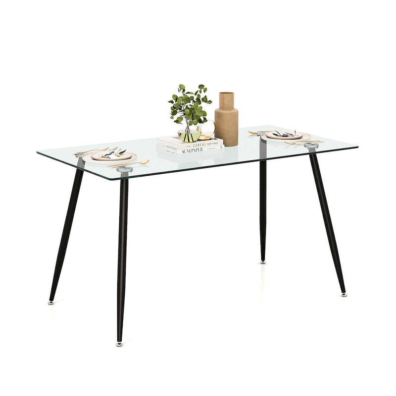 Gymax Modern Glass Dining Table Rectangular Dining Room Table W/Metal