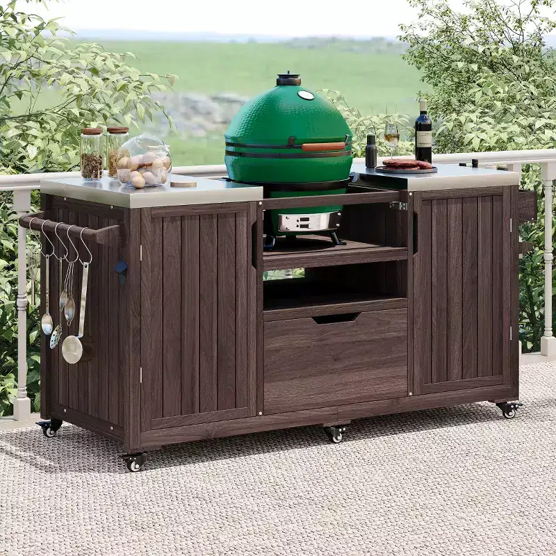 Outdoor Kitchen Island with Steel Top & Rack – Solid Wood Grill Cart with Storage Cabinet