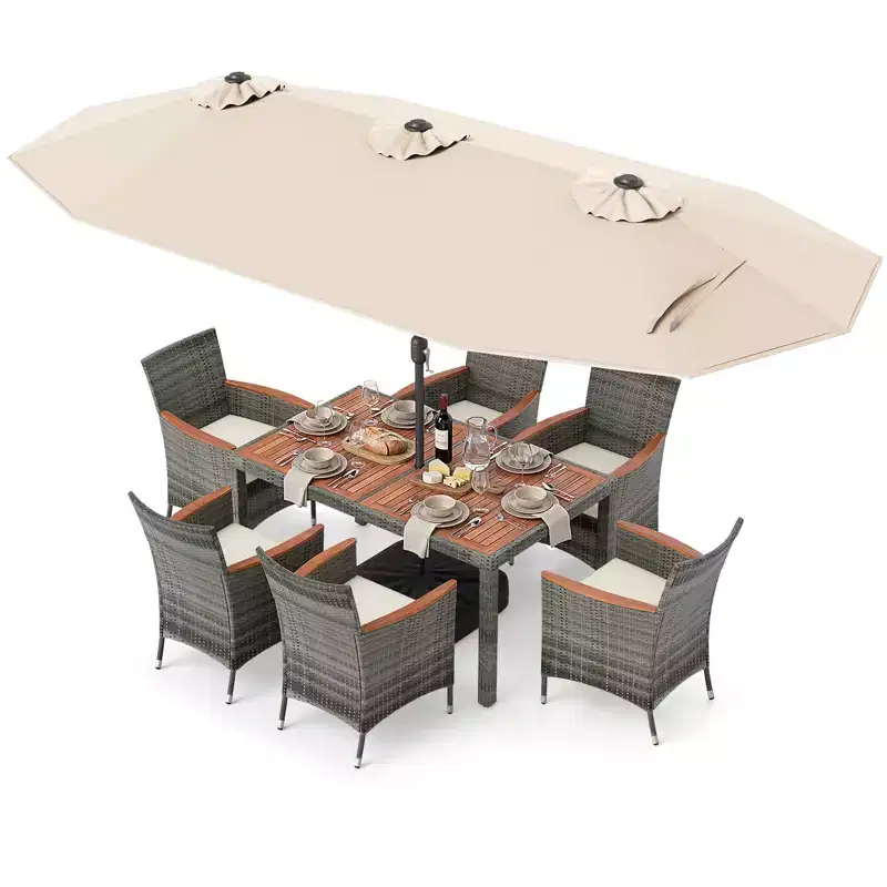 Gymax 8-Piece Patio Dining Set w/ Double-Sided Market Umbrella Acacia Wood Top