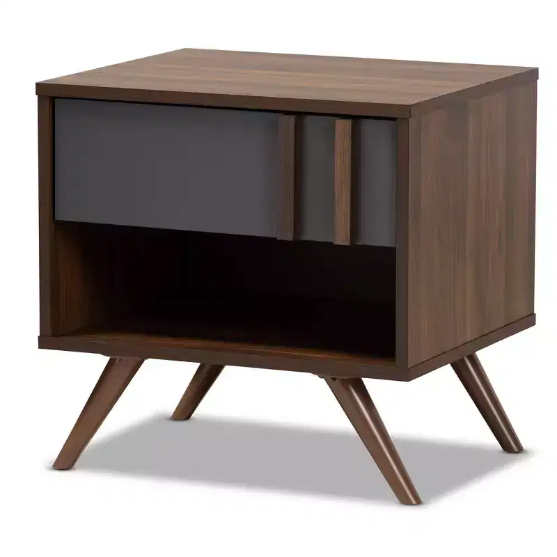 1 Drawer Naoki Two-Tone Wood Nightstand Gray/Walnut - Baxton Studio: Bedside Storage, Splayed Legs, Retro Design