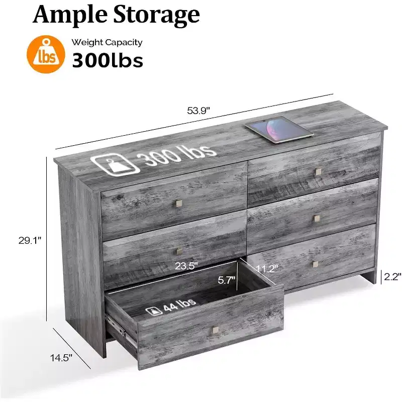 VINGLI Washed Gray Dresser, 6 Drawer Dresser, 53.9 Long Dresser with Textured Drawer Front, Wood Grey Dresser Chest