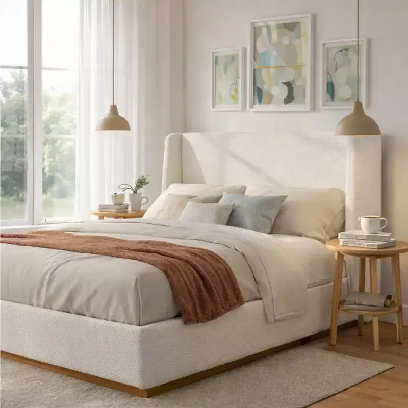 Luxury Wingback Upholstered Platform Bed, Queen/King Size Bed Frame with Solid Rubberwood Legs, White