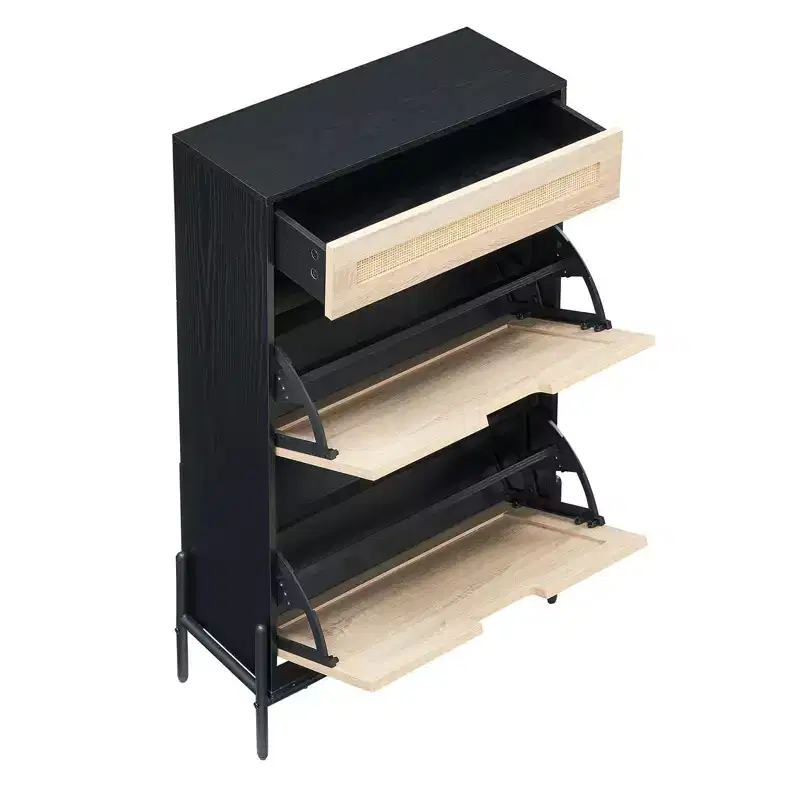 Shoe Cabinet with 3 Position Adjusted and Removable Shelf, Modern Freestanding Shoe Organizer ,2 Flip Door Shoe Rack with a Drawer, Black+Oak