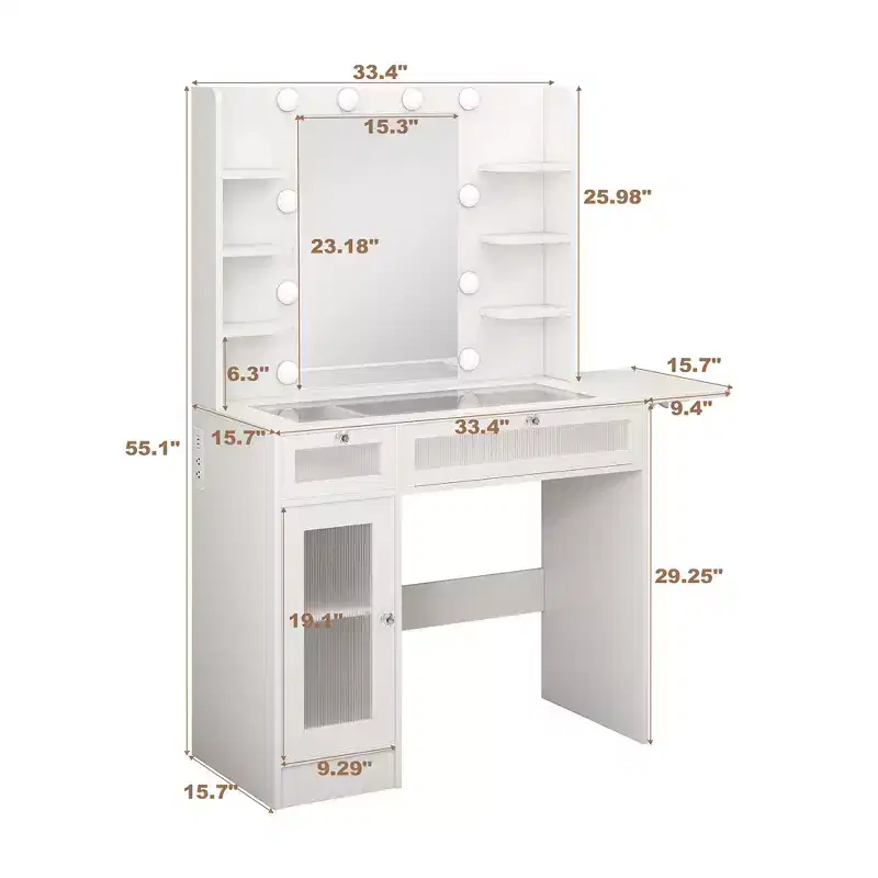 Vanity Desk with Mirror, LED Lights & Power Outlet – 2 Drawers, 6 Shelves, Glass Top
