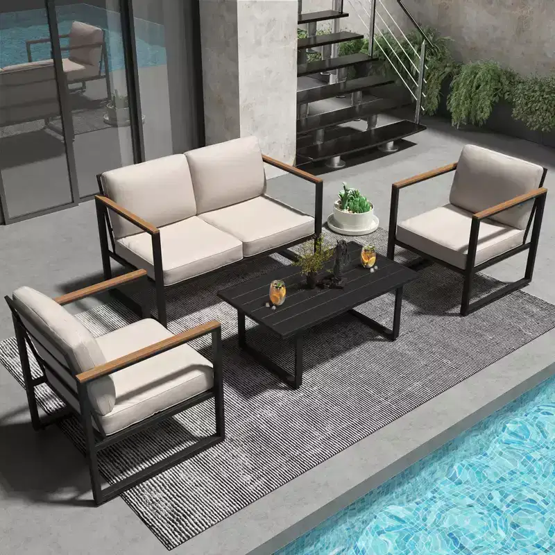 4-Piece Patio Conversation Set with Loveseat, 2 Chairs & Coffee Table, Metal Frame Furniture with Polystyrene Armrests, Black Frame & Beige Cushions