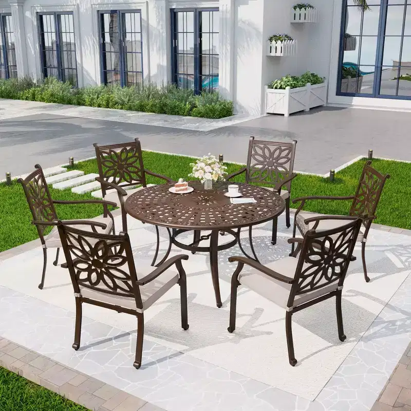 Captiva Designs 7PC Cast Aluminum Patio Dining Set with Round Table & Flower Back Chairs