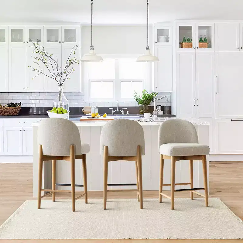 Set of 3 Linen Counter Height Stools with Back, Solid Wood Legs, 25 Seat High Counter Stool Chairs for Kitchen Island, Bar Area-Panipeachy