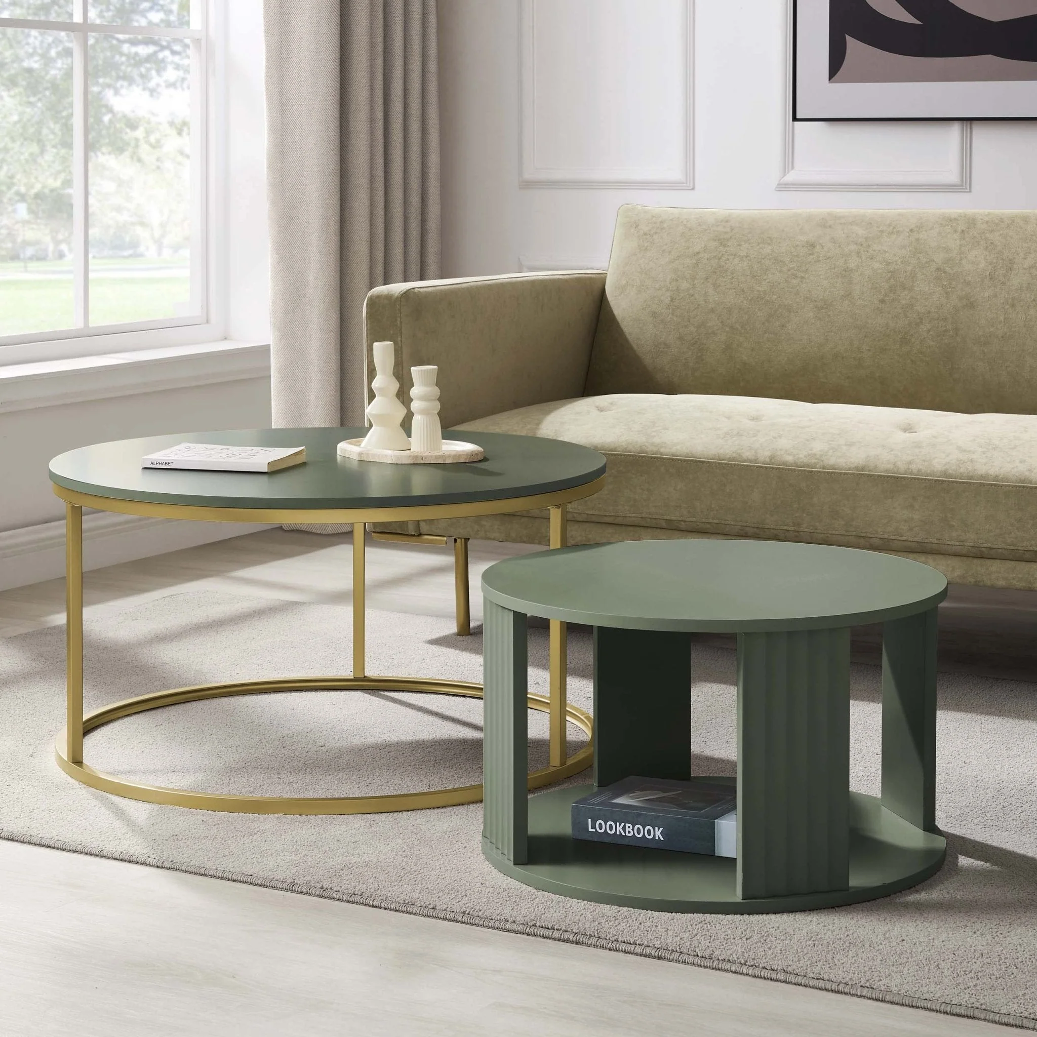 Modern Vetiver Painted Coffee Table with Gold Accents for Living Room