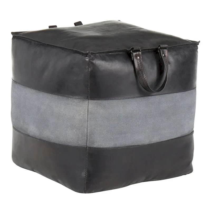 Leather & Canvas Pouf Ottoman – Brown/Tan, Black/Grey, Espresso/Tan – 1 Person