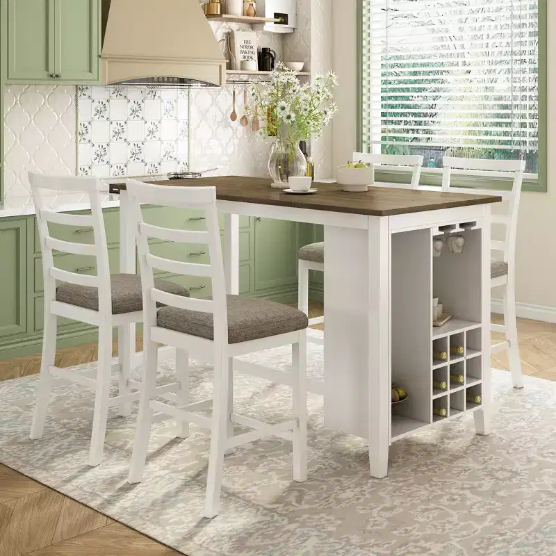 Farmhouse 5 Pieces Counter Height Dining Set with Chairs for 4, Wooden Rectangular Table with Storage Shelves and Bar Wine Compartment