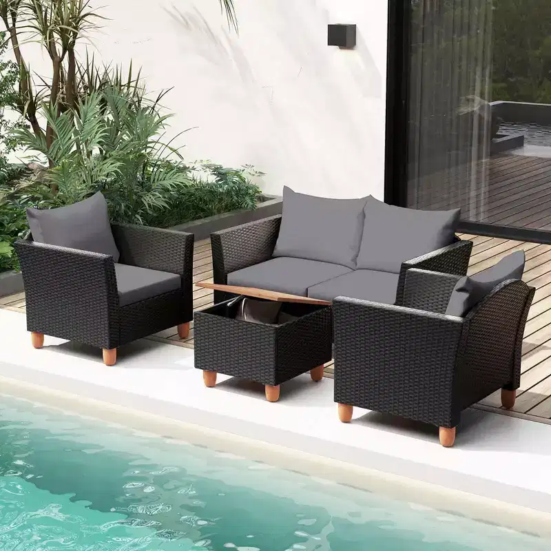 Costway 4 PCS Wicker Patio Furniture Set with Removable Cushions Storage Coffee Table White/Navy/Gray