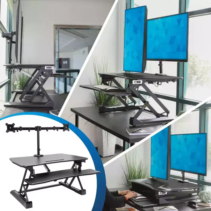 Mount-It! Electric Stand Up Desk Converter with Dual Monitor Arm, Motorized Desktop Standing Desk Riser with Monitor Mount for 2 Screens max 32