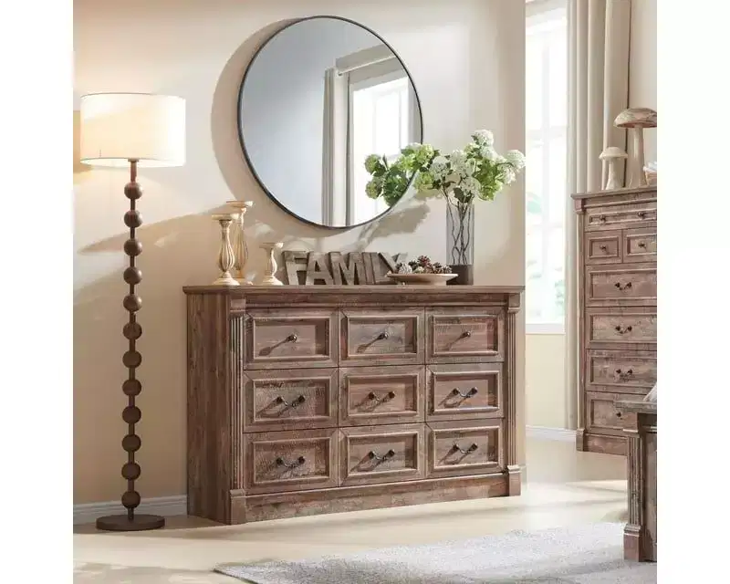 Mastgoal 55 Farmhouse Dresser with 9 Drawers, Large Rustic Wood Closet Storage with Roman Column for Bedroom