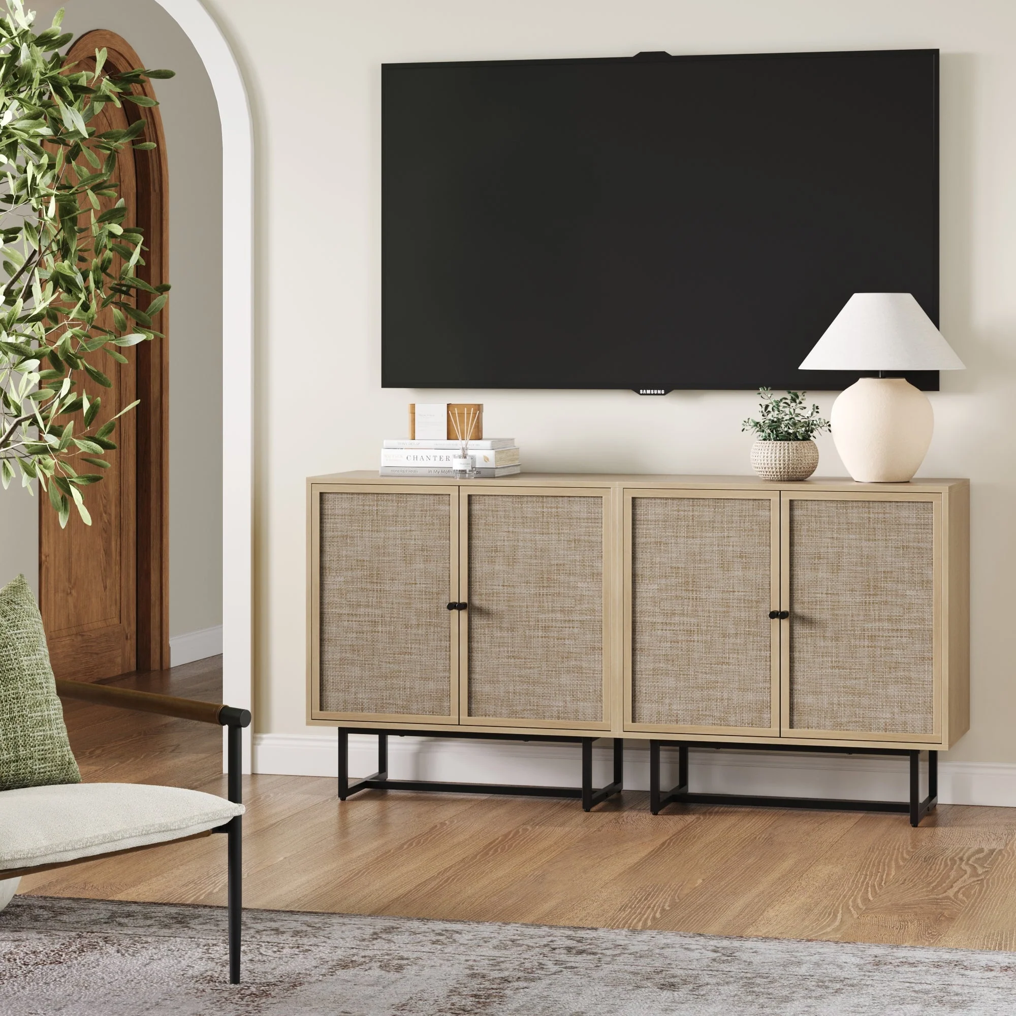 Metal and Rattan TV Stand Console for TVs up to 65 Light Oak