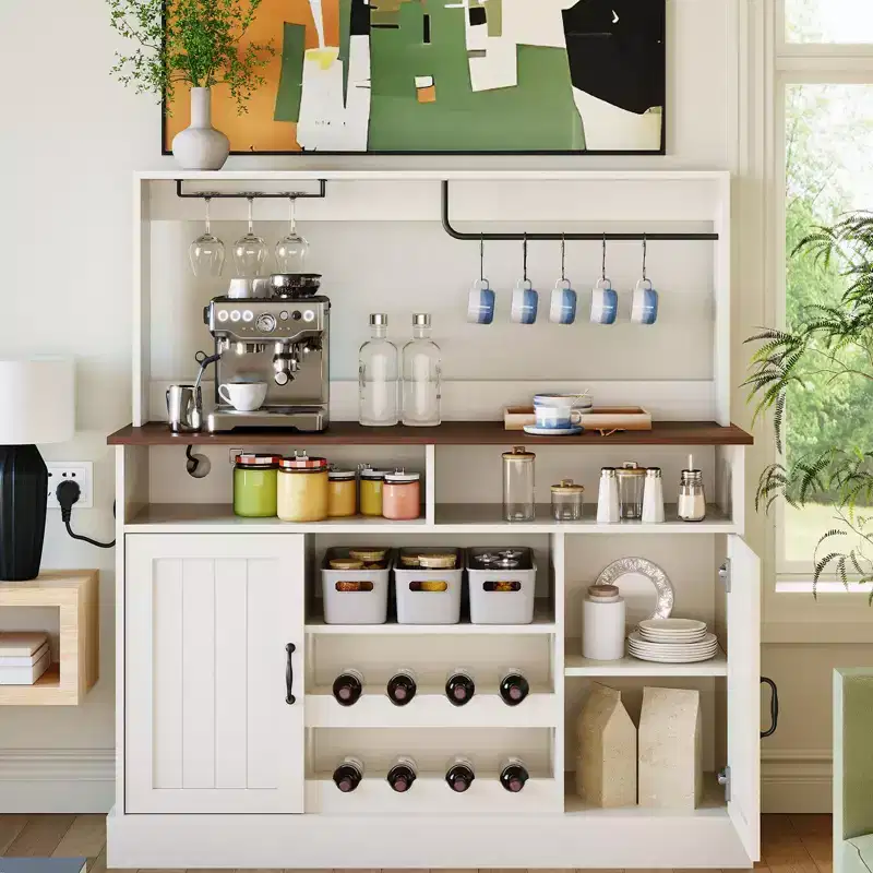 Farmhouse 47 Coffee Bar Cabinet with Charging Station, Large Wood Buffet Sideboard Storage Shelf with Wine Rack for Kitchen & Dining Room