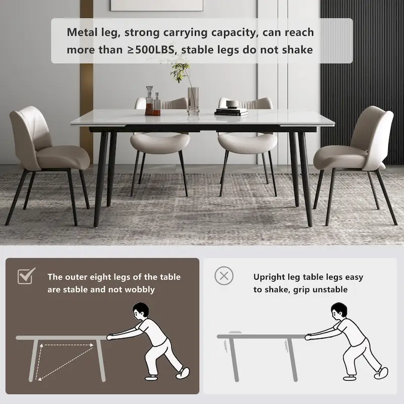 5 Piece 62.9 inch to 94.4 inch Extendable Dining Table Set with Sintered Stone Top 4 Chairs