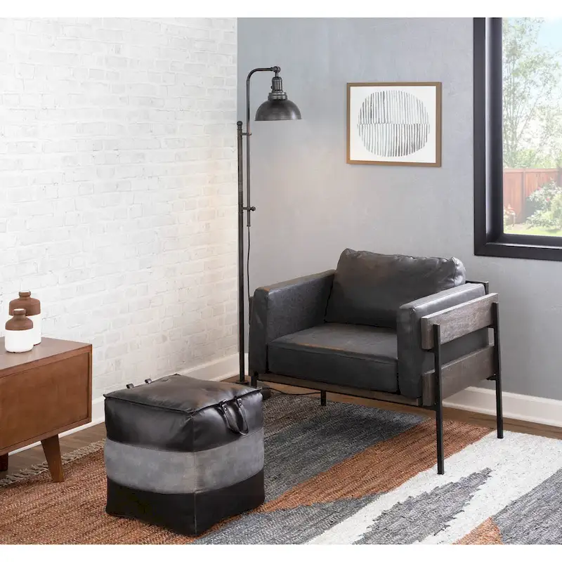 Leather & Canvas Pouf Ottoman – Brown/Tan, Black/Grey, Espresso/Tan – 1 Person