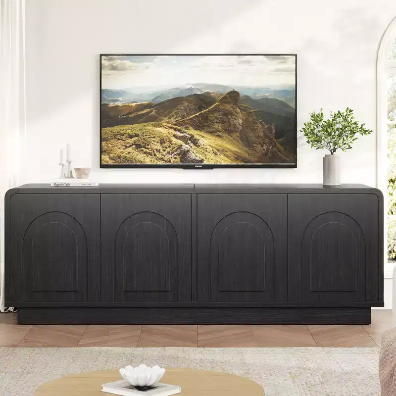 Bestier 63 TV Stand for 55/60/65 inch TV, 70 TV Console Table with 2 Doors Cabinets & Open Storage, Fluted Low Medium Console Table