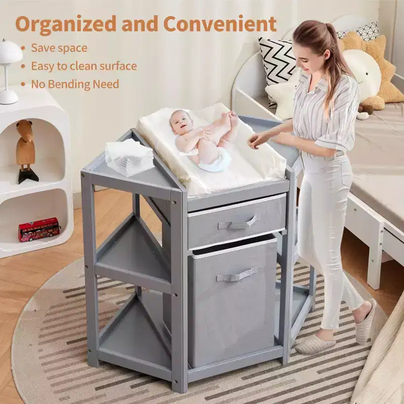 Corner Diaper Changing Table, Baby Diaper Changing Station with Storage Drawer and Laundry Hamper, Multi-Functional Changing Table Organizer