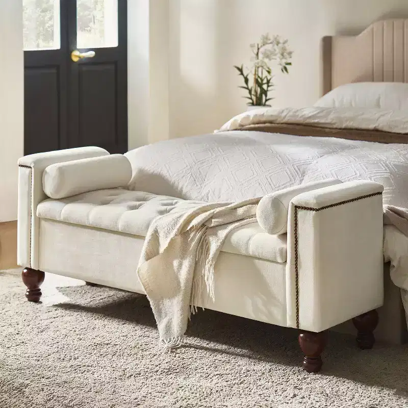 Upholstered Storage Bench with Bolster Pillows and Solid Wood Legs