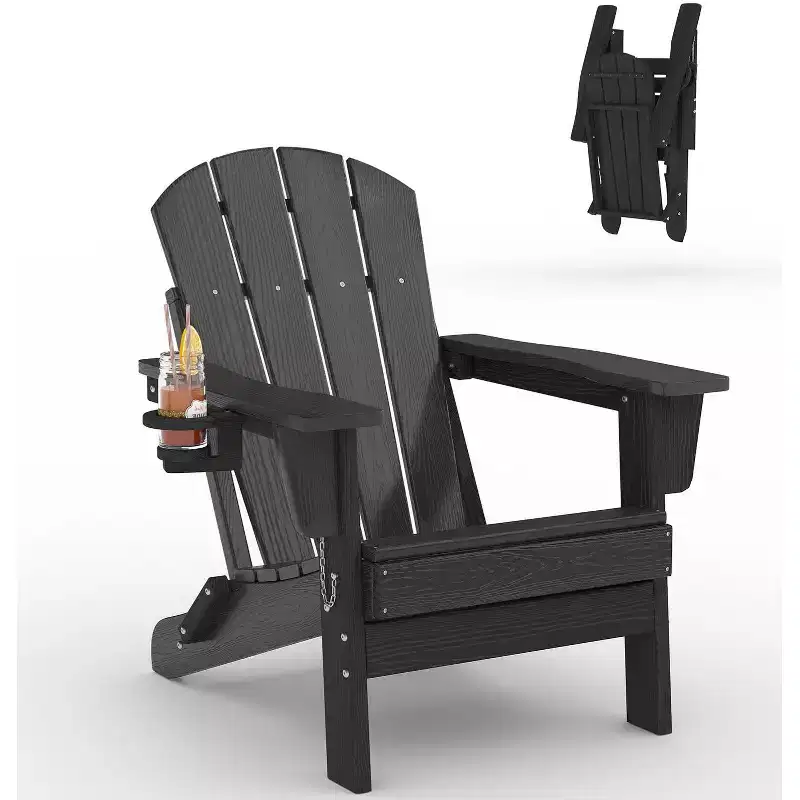 Folding Adirondack Chairs, All-Weather HDPE Outdoor Chairs with Cup Holders & Wood Texture for Patio, Fire Pit & Garden