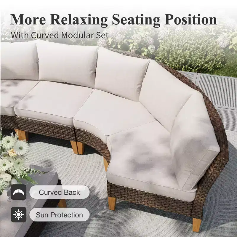 Captiva Designs 9pc Outdoor Wicker Rattan Patio Half-Moon Curved Sectional Sofa Conversation Set with Fire Pit Table