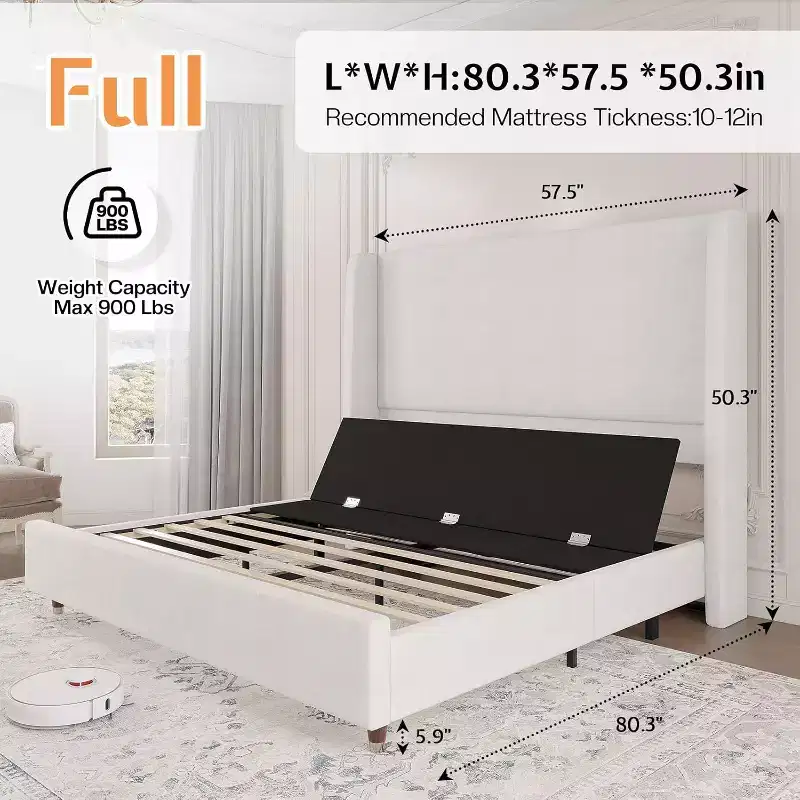 Adjustable Bed Frame Full Size with 50 Upholstered Wingback Headboard, White