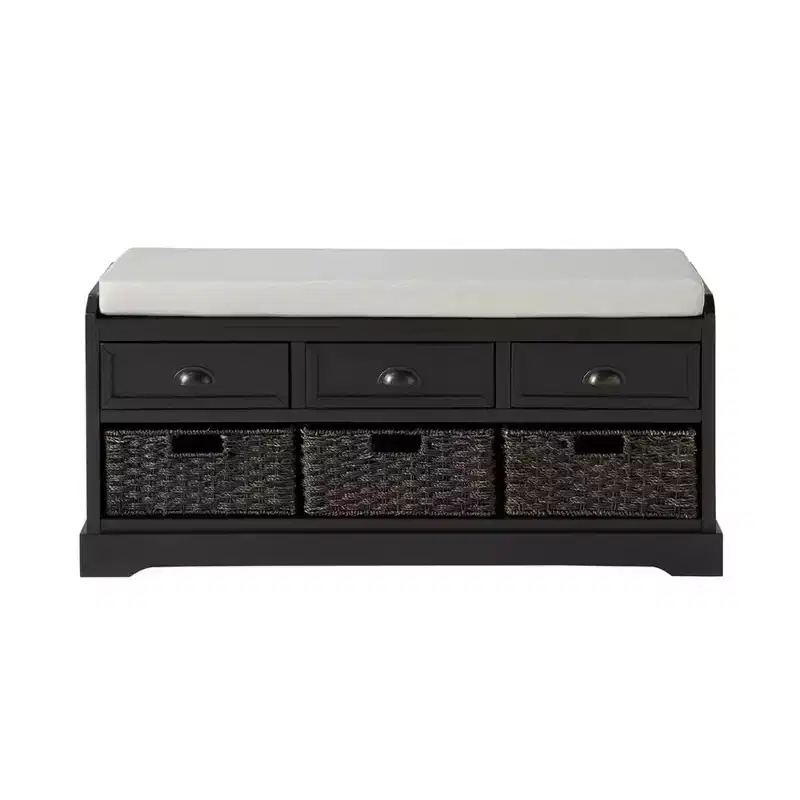 Wooden Storage Bench with 3 Drawers, 3 Baskets and Cushion – Entryway & Hallway