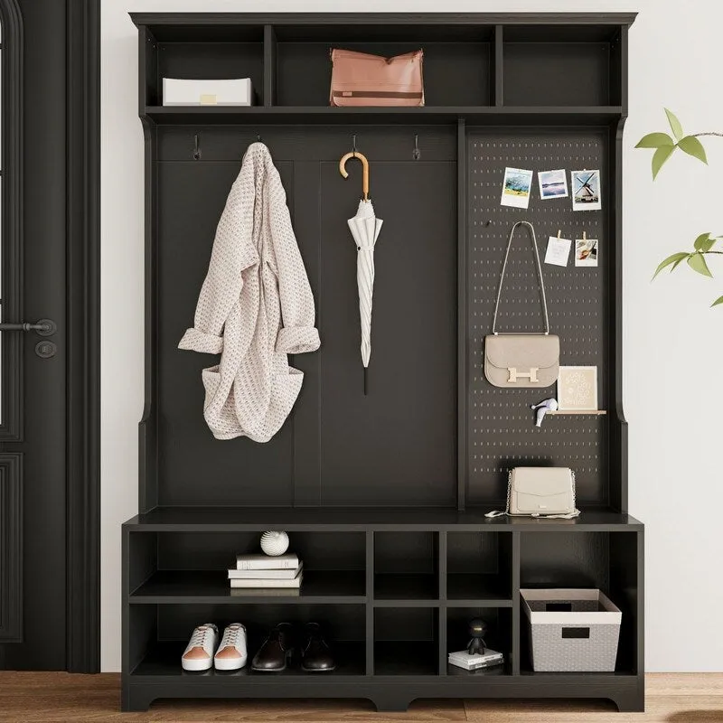 77.17H Hall Tree with Shoe Bench,Coat Rack,Shoe Storage,Shelves and Pegboard