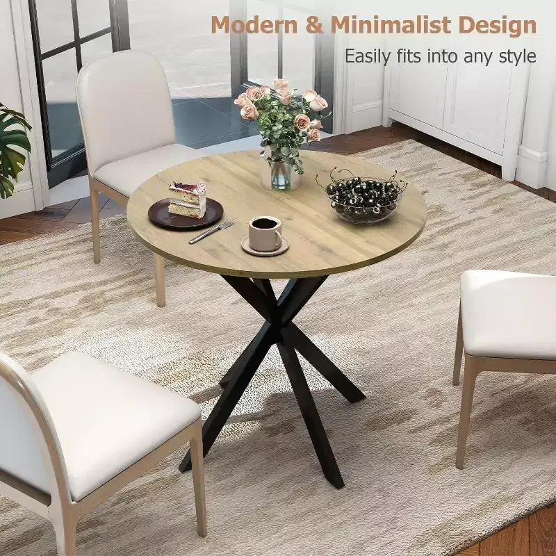 Zevemomo Round Dining Table, 31.5 Small Dining Table for 2-4, Round Kitchen Table with Metal Black Legs,for Kitchen, Apartment, Living Room, Brown