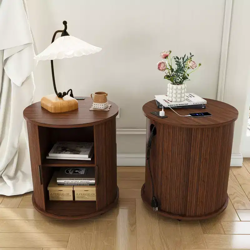 JVNOXK Two-Piece Set: Medieval Modern Style Cylindrical Side Table and Storage Nightstand, Suitable for Living Rooms, Walnut