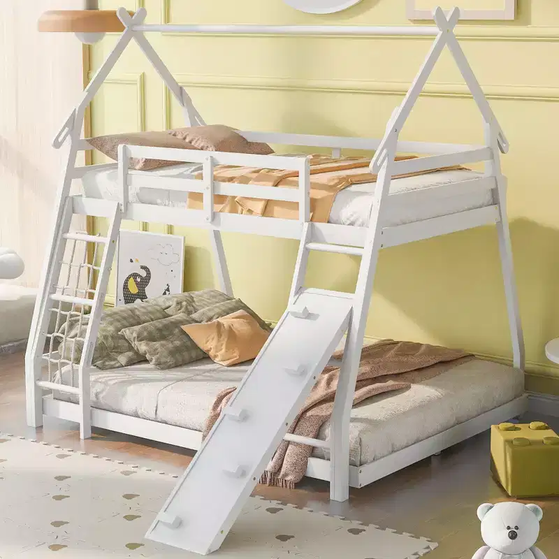 TUYOHW Twin Over Queen House Bunk Bed with Climbing Nets and Climbing Ramp,Wood Bunk Bed Frame with Safety Guardrail for Kids Teens