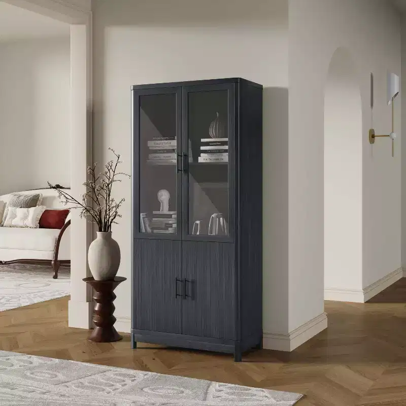 31-Inch Mid-Century Modern Bookcase Cabinet with 2 Glass Doors and 6 Adjustable Shelves