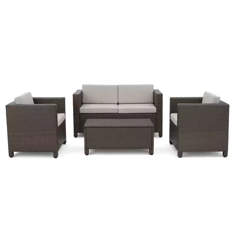 Puerta 4pc Wicker Chat Set - Light Brown/Ceramic Gray - Christopher Knight Home: Outdoor Conversation Furniture with Coffee Table