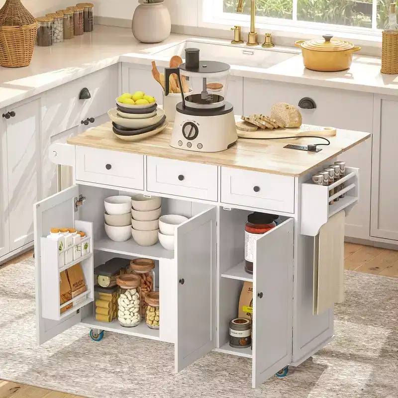 Rolling Kitchen Island with Charging Station, Drop Leaf & 3 Drawers