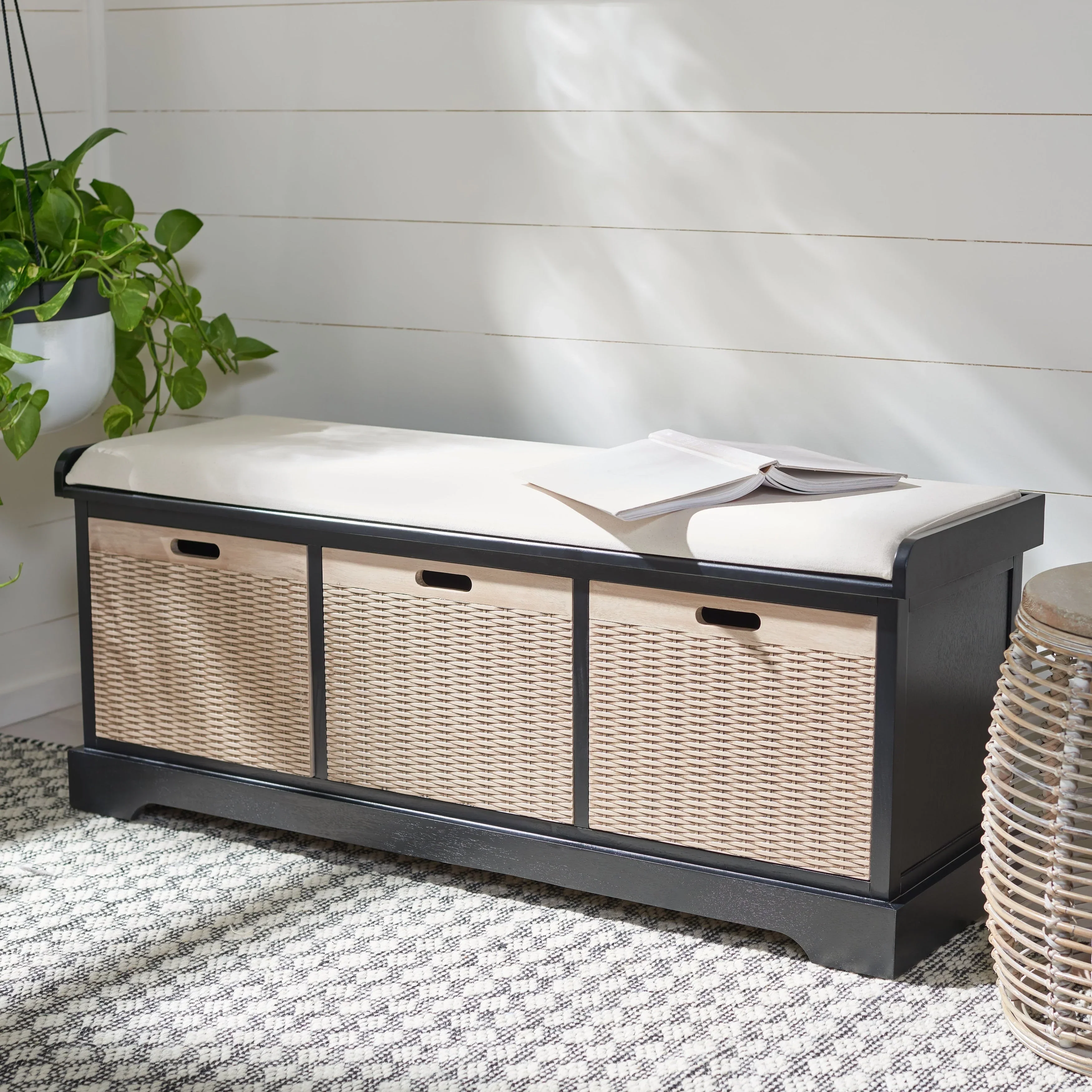 SAFAVIEH Fiorello 3-Drawer with Cushion Storage Bench - 47.3 W x 15 L x 19 H - 47Wx15Dx19H