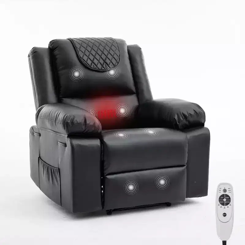 Oversized Massage Recliner Chair for Adults, PU Leather Heated Single Sofa with Vibration & Heat, Side Pocket, Reclining Sofa (Brown)