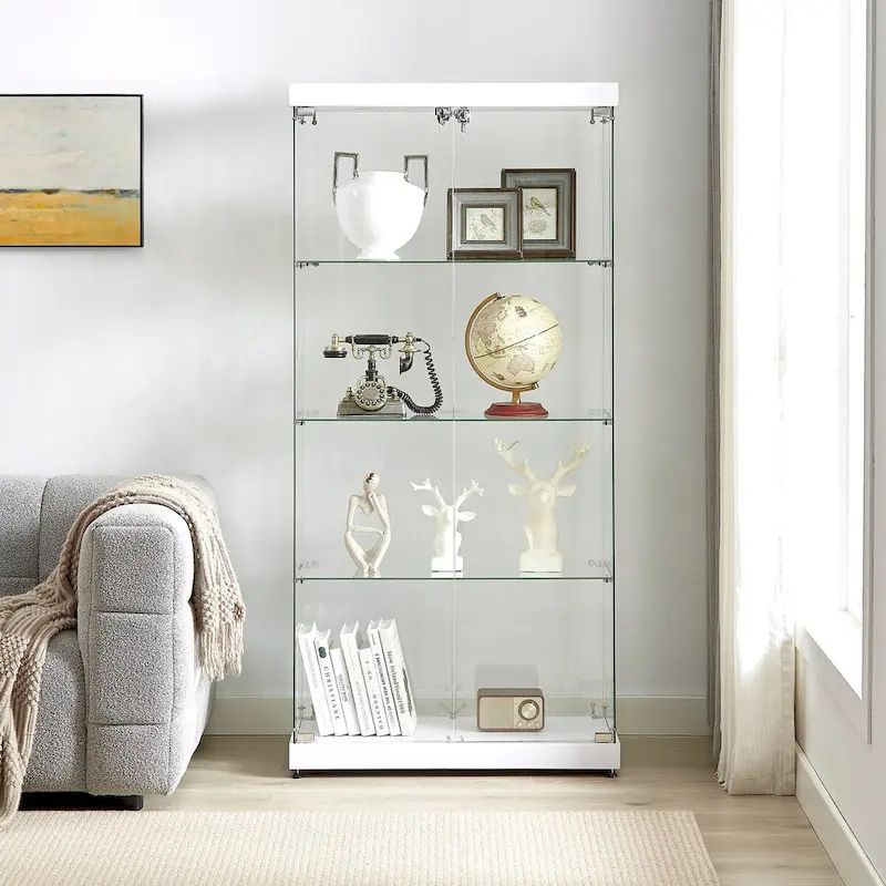 4-Tier Glass Display Cabinet, Double Door Glass Cabinet, Four Partitions, Two Locks, Floor Standing for Living Room and Office