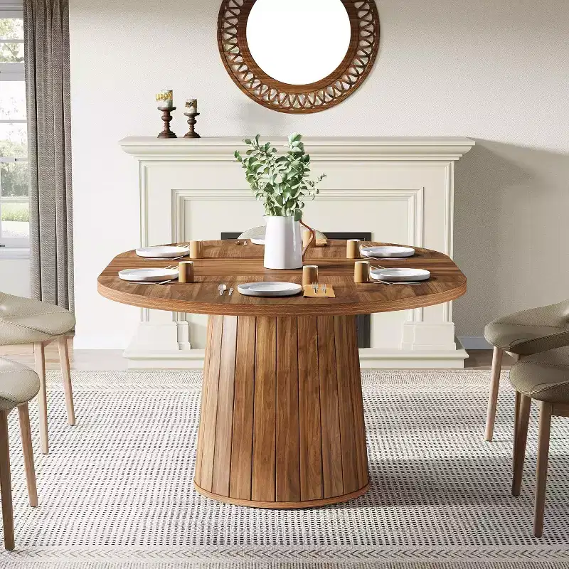 Lantine 55.11-Inch Wood Oval Dining Table with Wooden Tabletop and Cylindrical Base